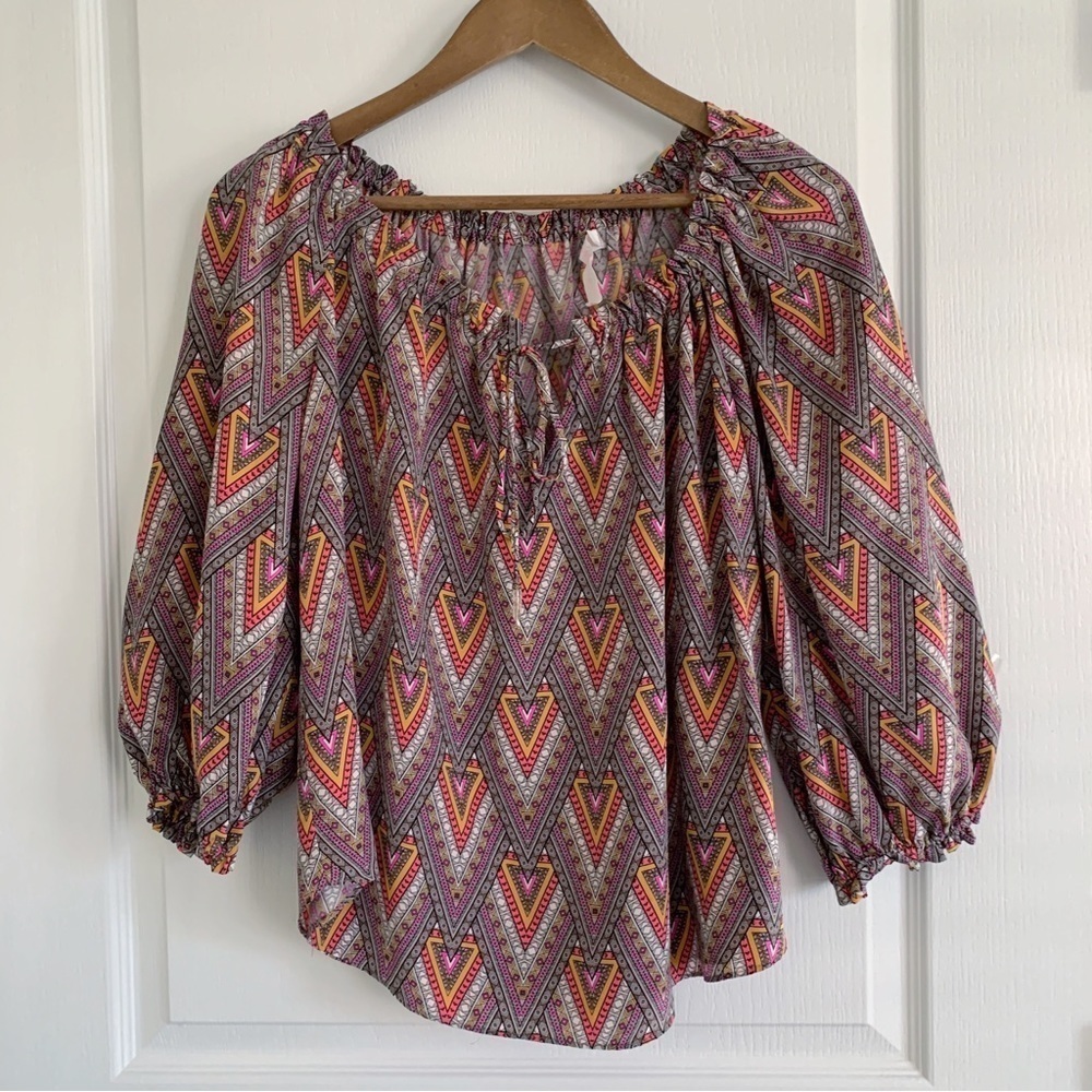 Alice & Trixie Retro Print Balloon Sleeve Silk Blouse XS Summer Festival